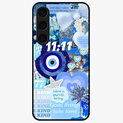 Aesthetic Be Kind Eye Glass Case showing flat back view with motivational eye artwork and glossy glass finish.