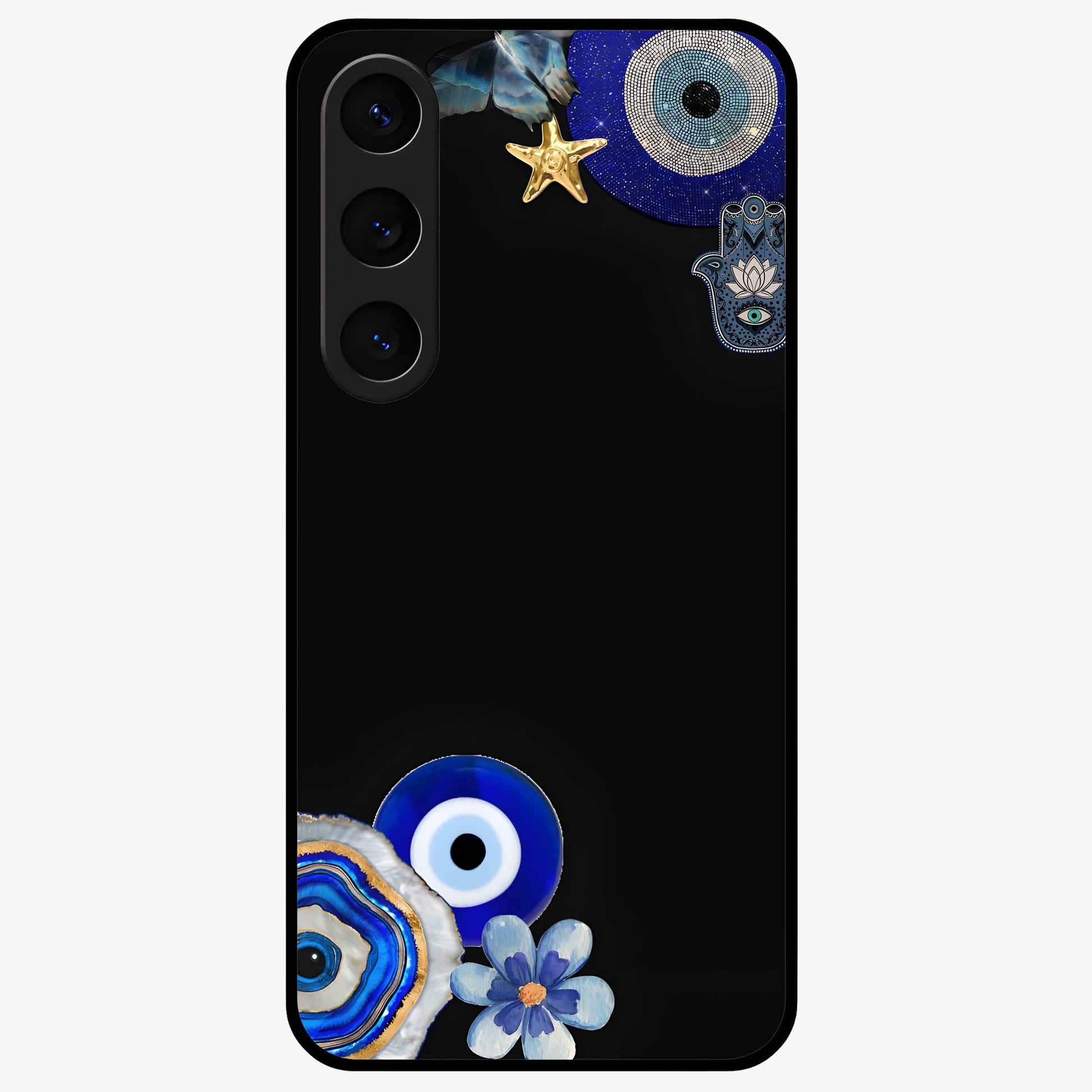 Aesthetic Blue Evil Eye Glass Case showing flat back view with protective evil eye artwork and glossy glass finish.