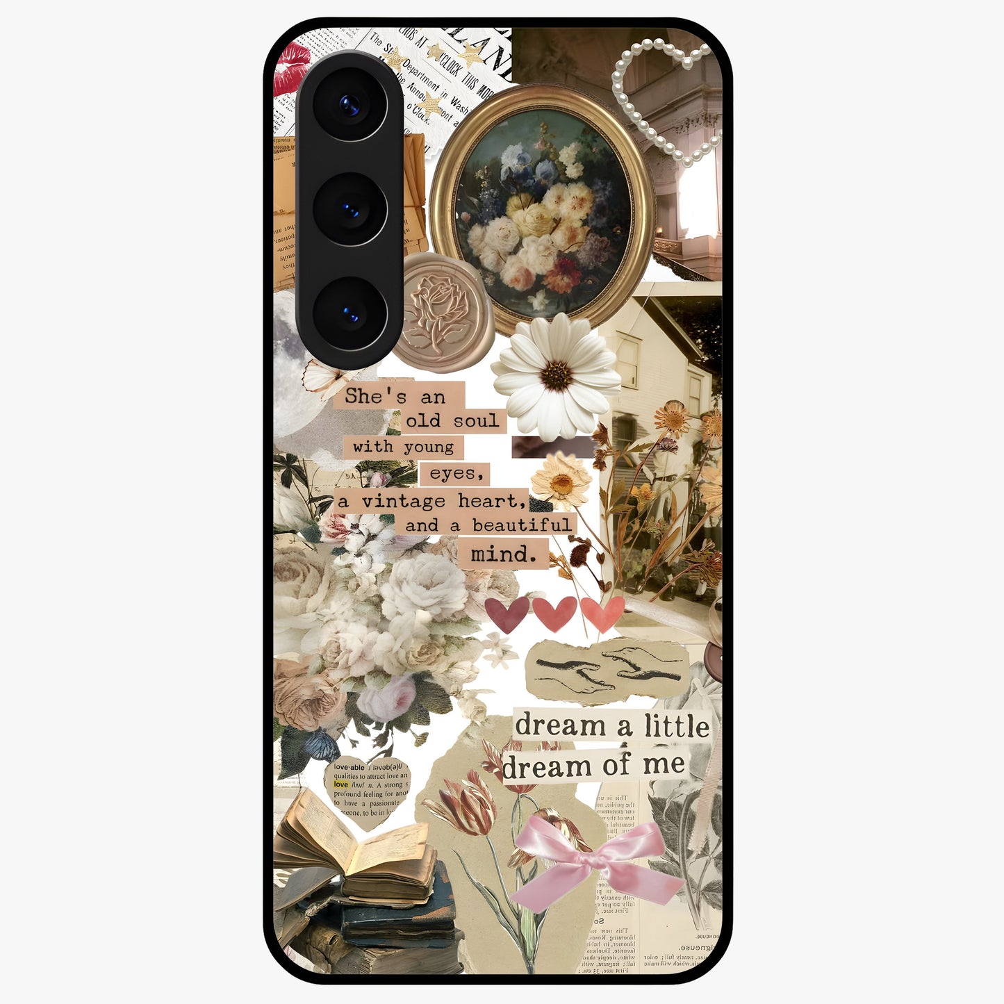 Aesthetic Brown Vintage Collage Glass Case showing flat back view with retro collage artwork and glossy glass finish.