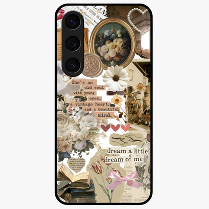 Aesthetic Brown Vintage Collage Glass Case showing flat back view with retro collage artwork and glossy glass finish.