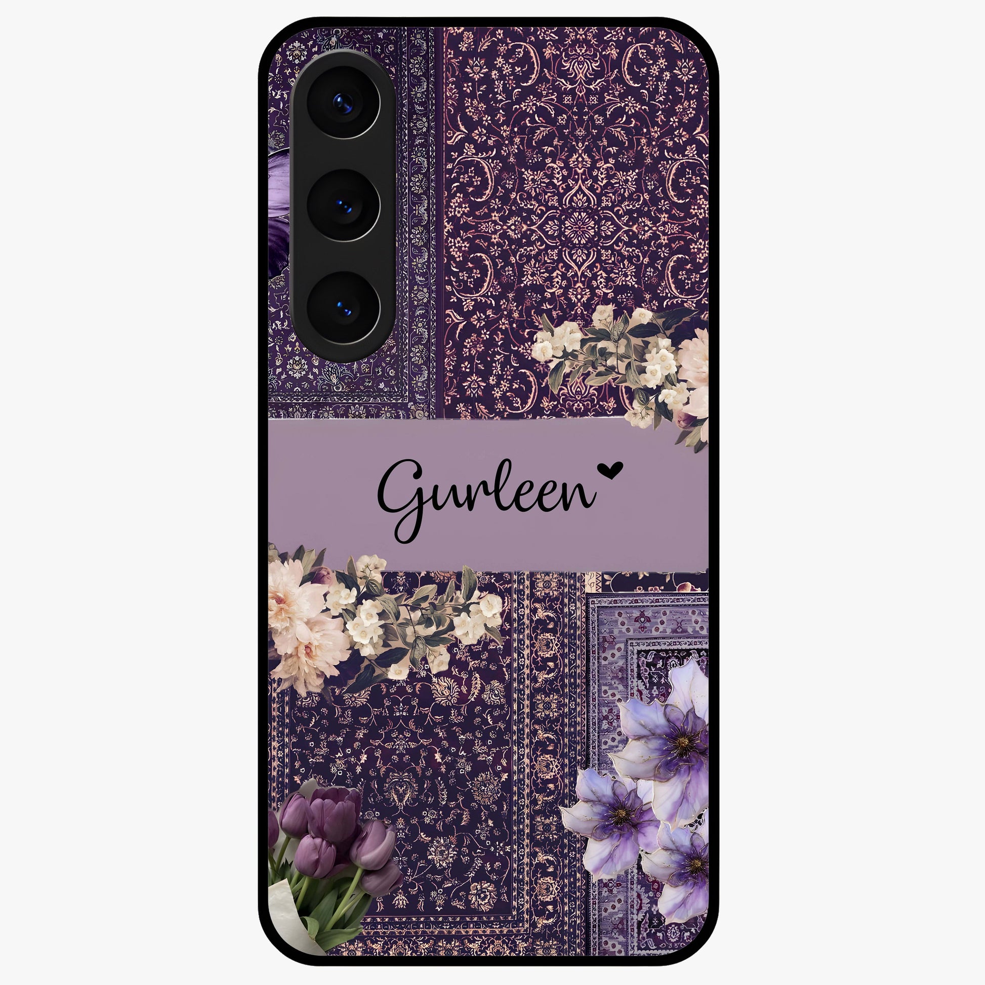 Antique Floral Whisper Custom Name Glass Case showing flat back view with vintage floral artwork and personalized name design.