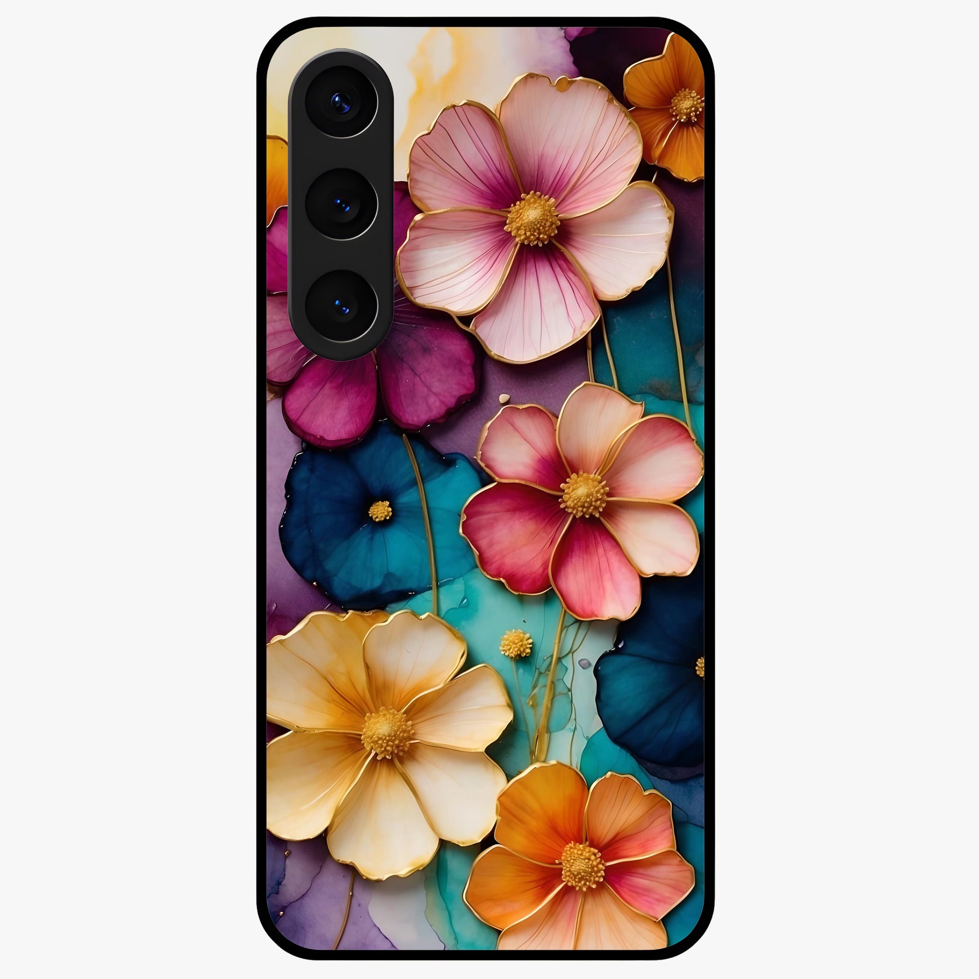 Artlyn Grace Flower Pattern Glass Case showing flat back view with elegant floral pattern artwork and glossy glass finish.