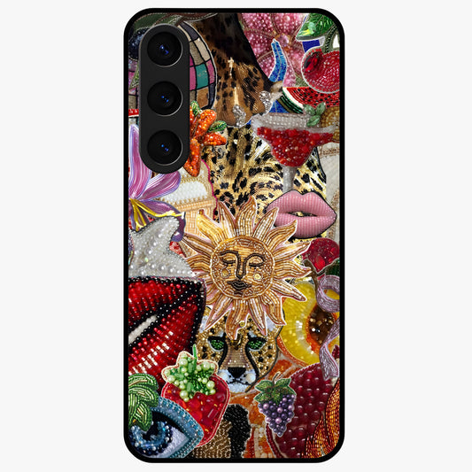 Beaded Fashion Jungle Glass Case showing flat back view with vibrant jungle inspired bead artwork and glossy glass finish.