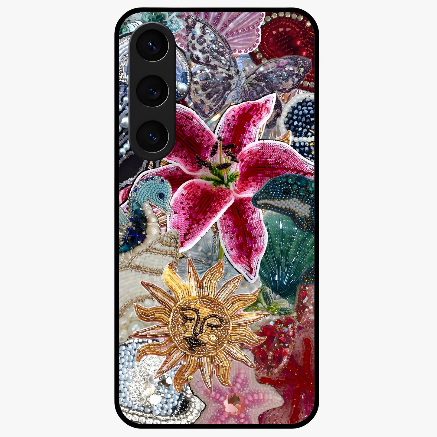 Beaded Garden Fantasy Glass Case showing flat back view with dreamy garden bead artwork and glossy glass finish.