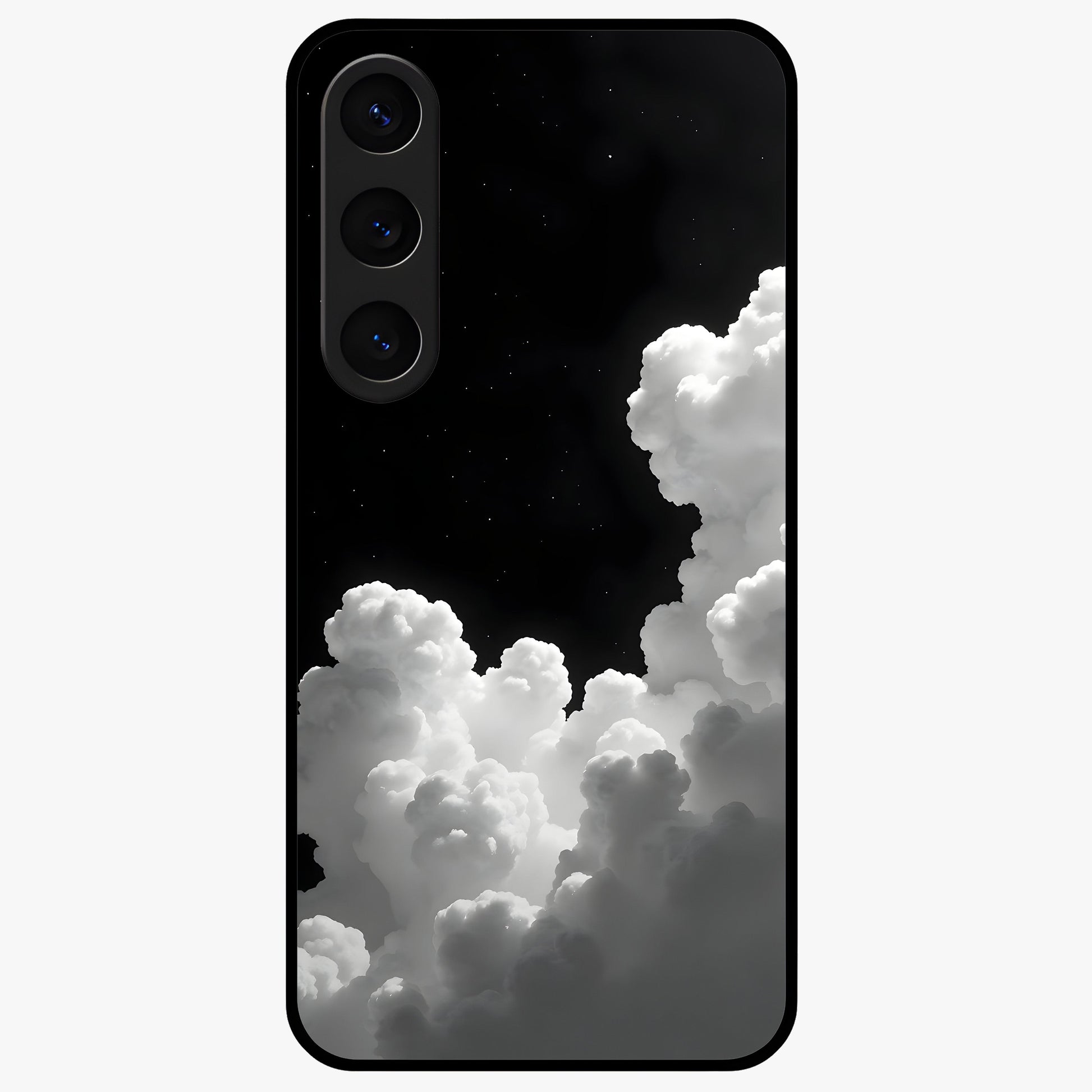 Black Background With White Cloud Glass Case showing flat back view with minimal cloud artwork on dark background and glossy glass finish.