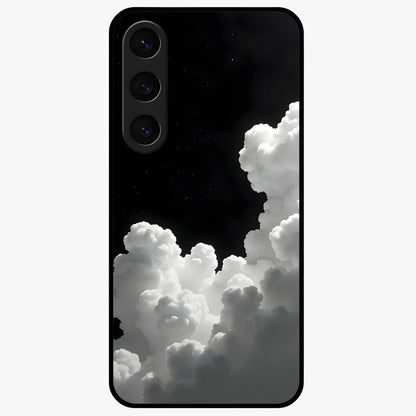Black Background With White Cloud Glass Case showing flat back view with minimal cloud artwork on dark background and glossy glass finish.
