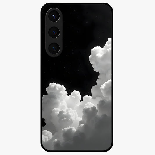 Black Background With White Cloud Glass Case showing flat back view with minimal cloud artwork on dark background and glossy glass finish.