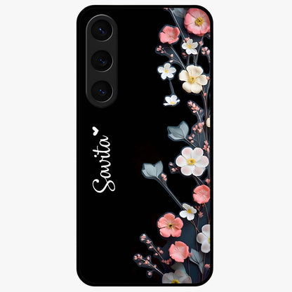 Black Elegance Floral Custom Name Glass Case showing flat back view with elegant floral artwork and personalized name design.