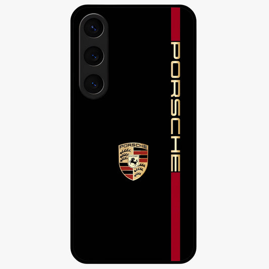 Black Minimal Porsche Glass Case showing flat back view with sleek minimal sports car artwork and glossy glass finish.