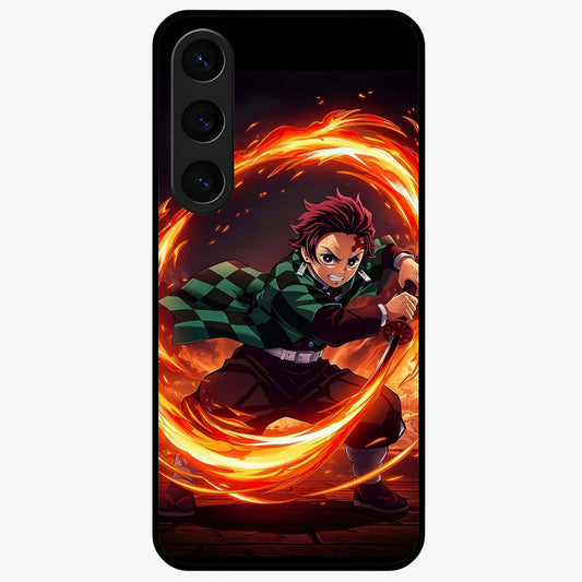 Blazing Sword Resolve Glass Case showing flat back view with fiery sword artwork and glossy glass finish.