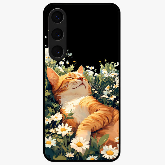 Blissful Bloom Cat Glass Case showing flat back view with cute cat and floral bloom artwork and glossy glass finish.