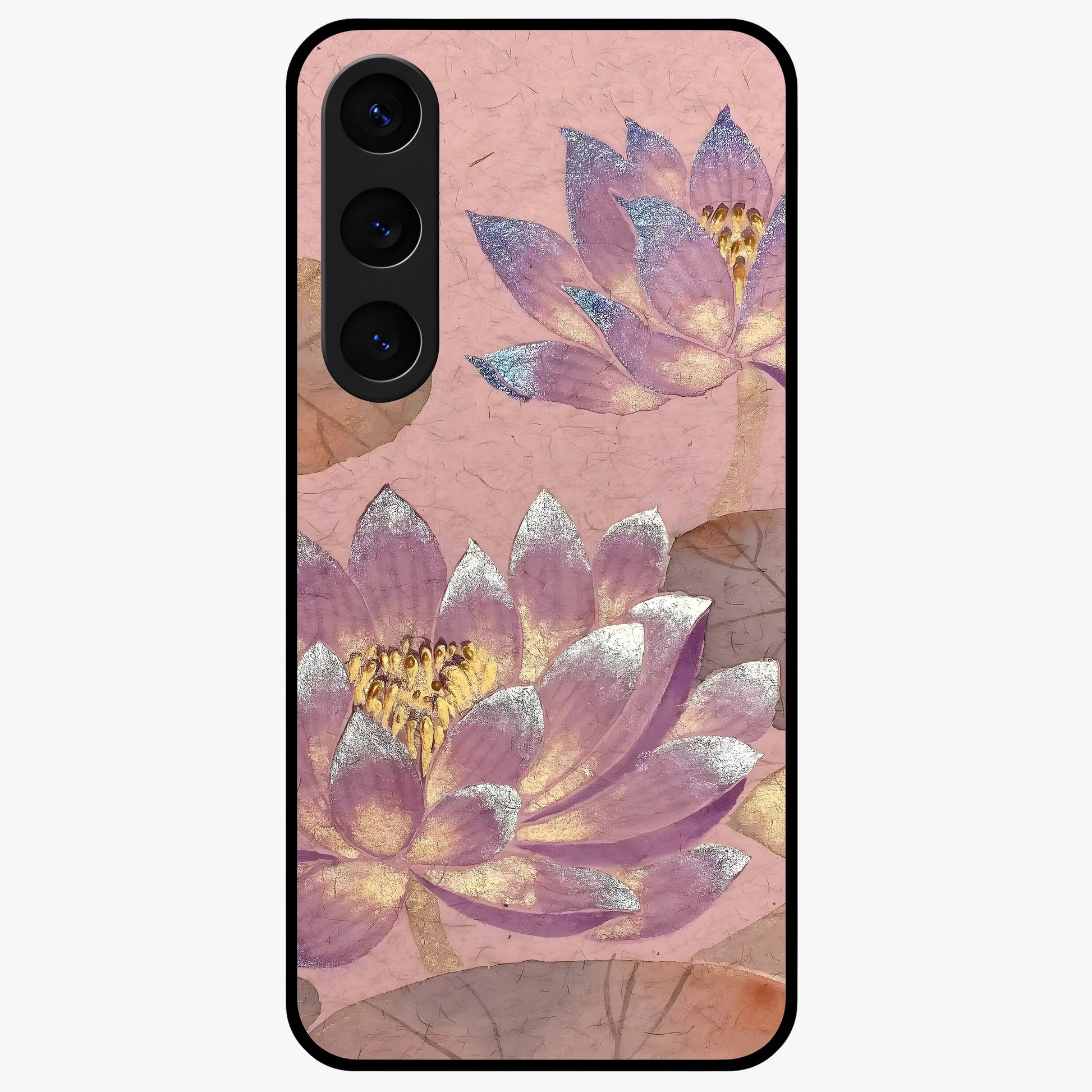 Blossom Mist Lotus Glass Case showing flat back view with serene lotus blossom artwork and glossy glass finish.