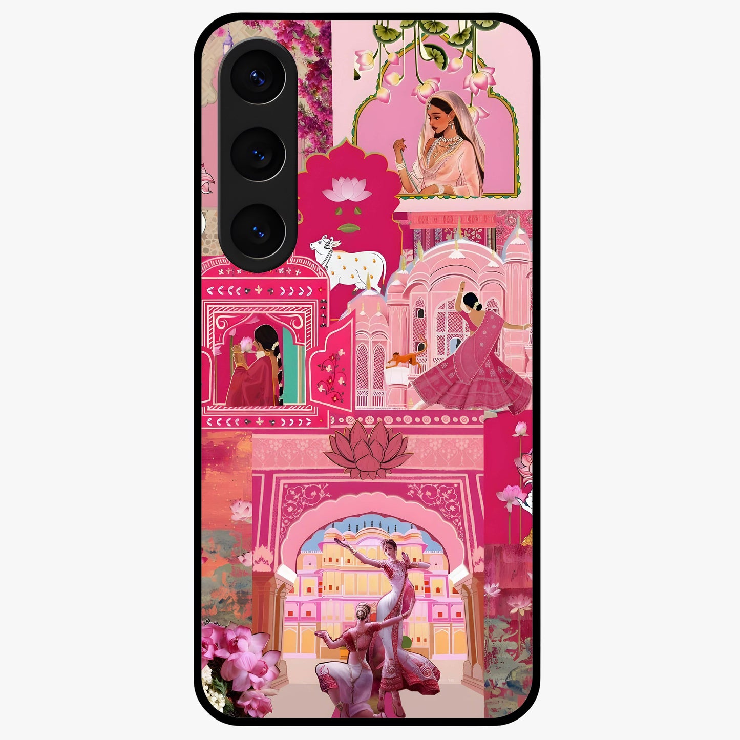 Blossoms of Rajasthan Glass Case showing flat back view with traditional floral artwork inspired by Rajasthan and glossy glass finish.