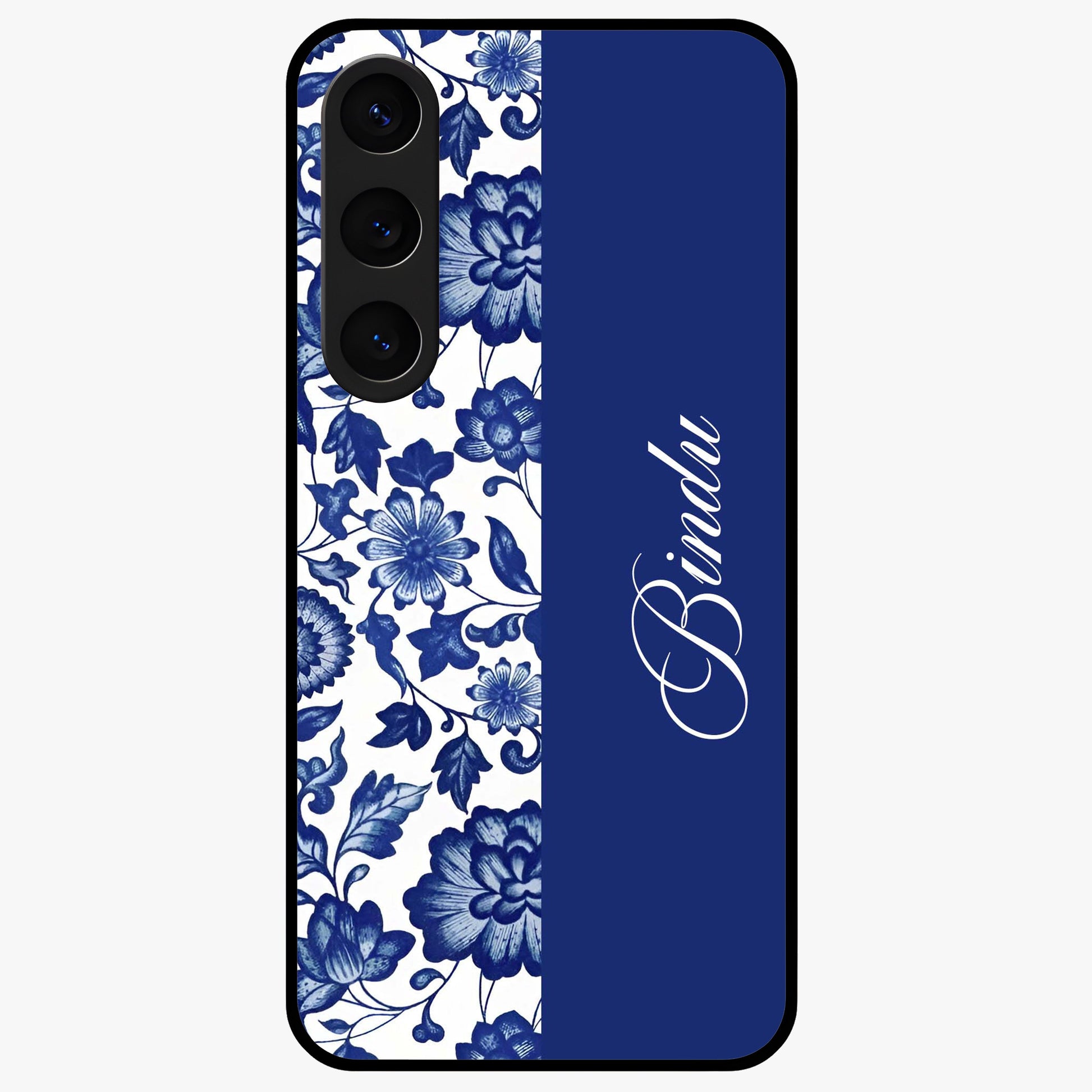 Blue Vintage Floral Pattern Glass Case upright view showcasing timeless floral illustration with vintage inspired style.
