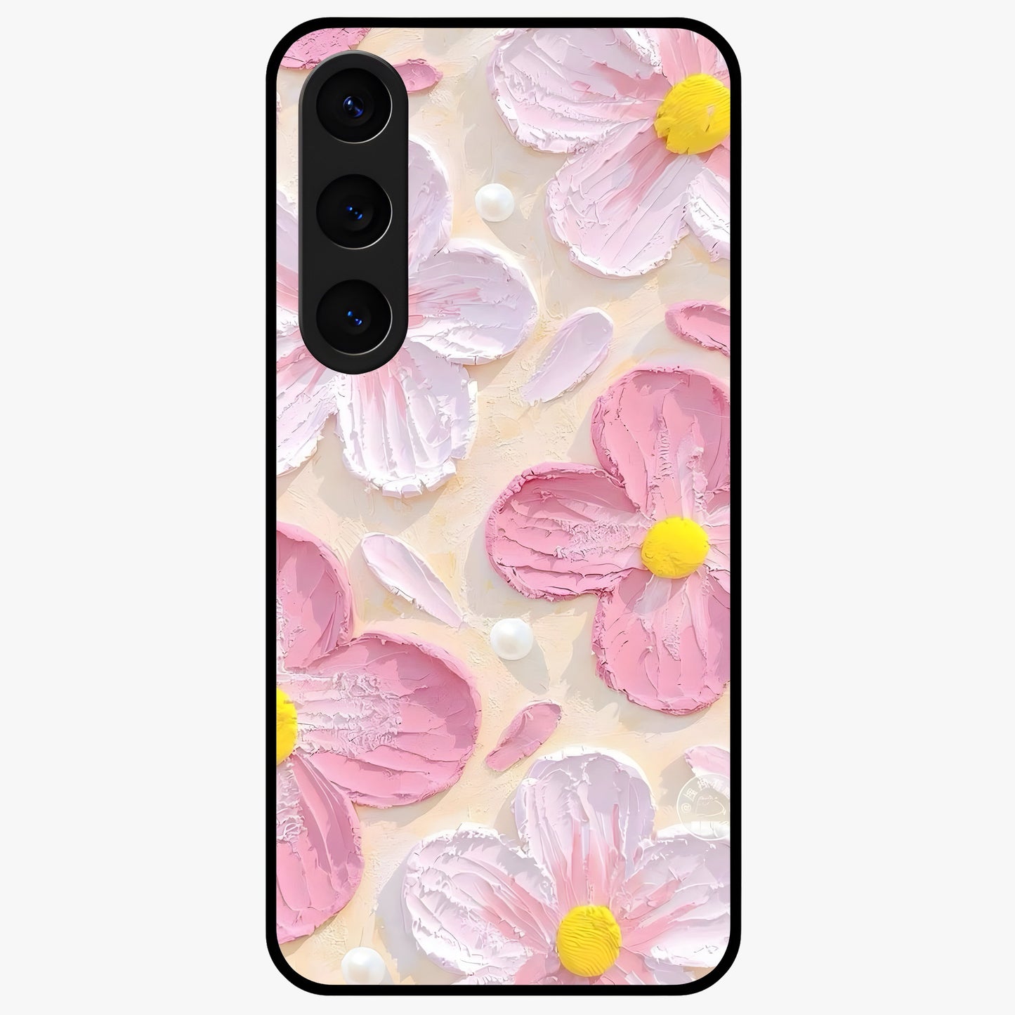 Blush Bloom Texture Glass Case showing flat back view with soft blush floral texture artwork and glossy glass finish.