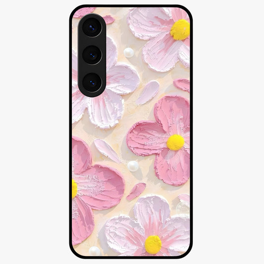 Blush Bloom Texture Glass Case showing flat back view with soft blush floral texture artwork and glossy glass finish.