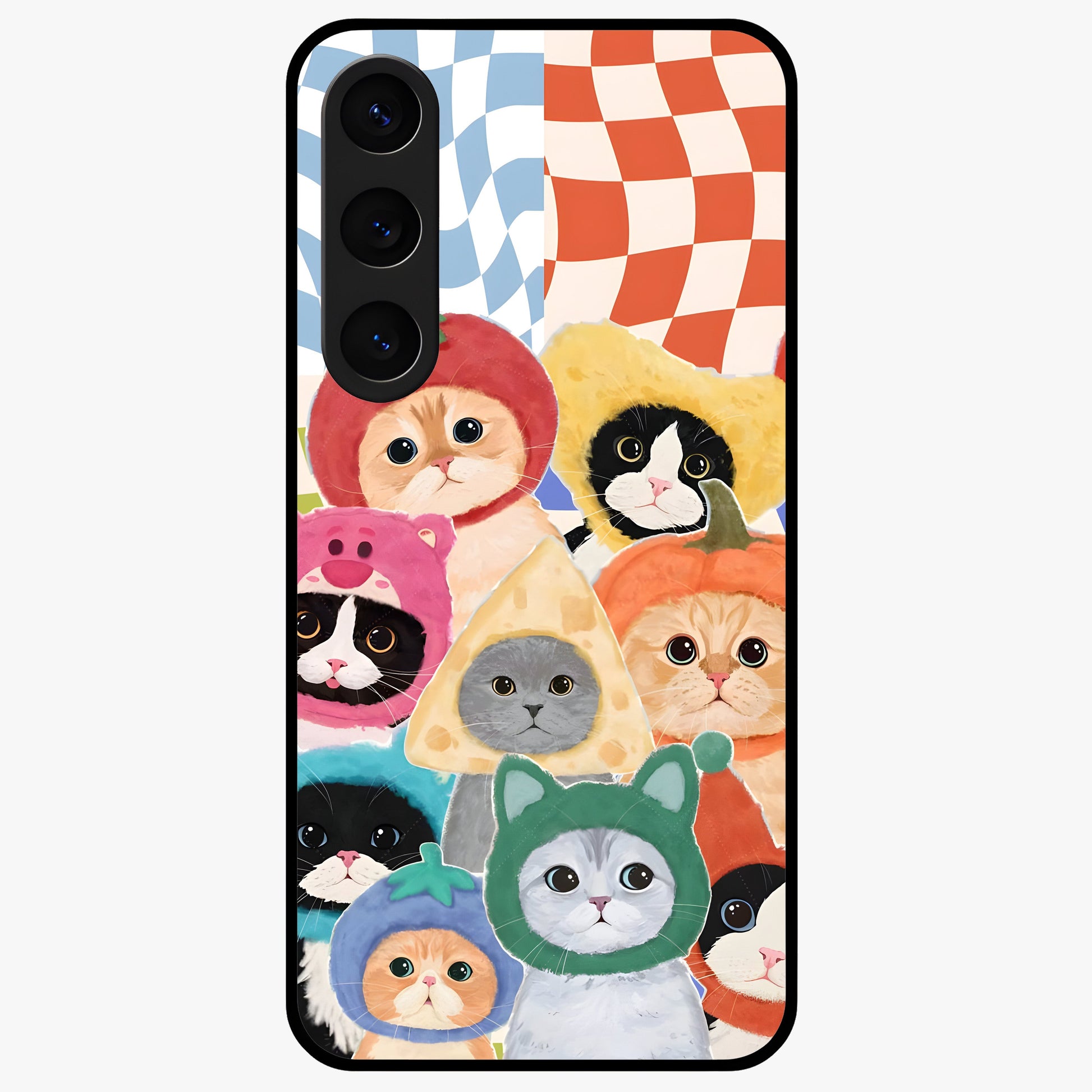 Cats in Fruits Glass Case showing flat back view with playful cat illustrations inside fruit artwork and glossy glass finish.