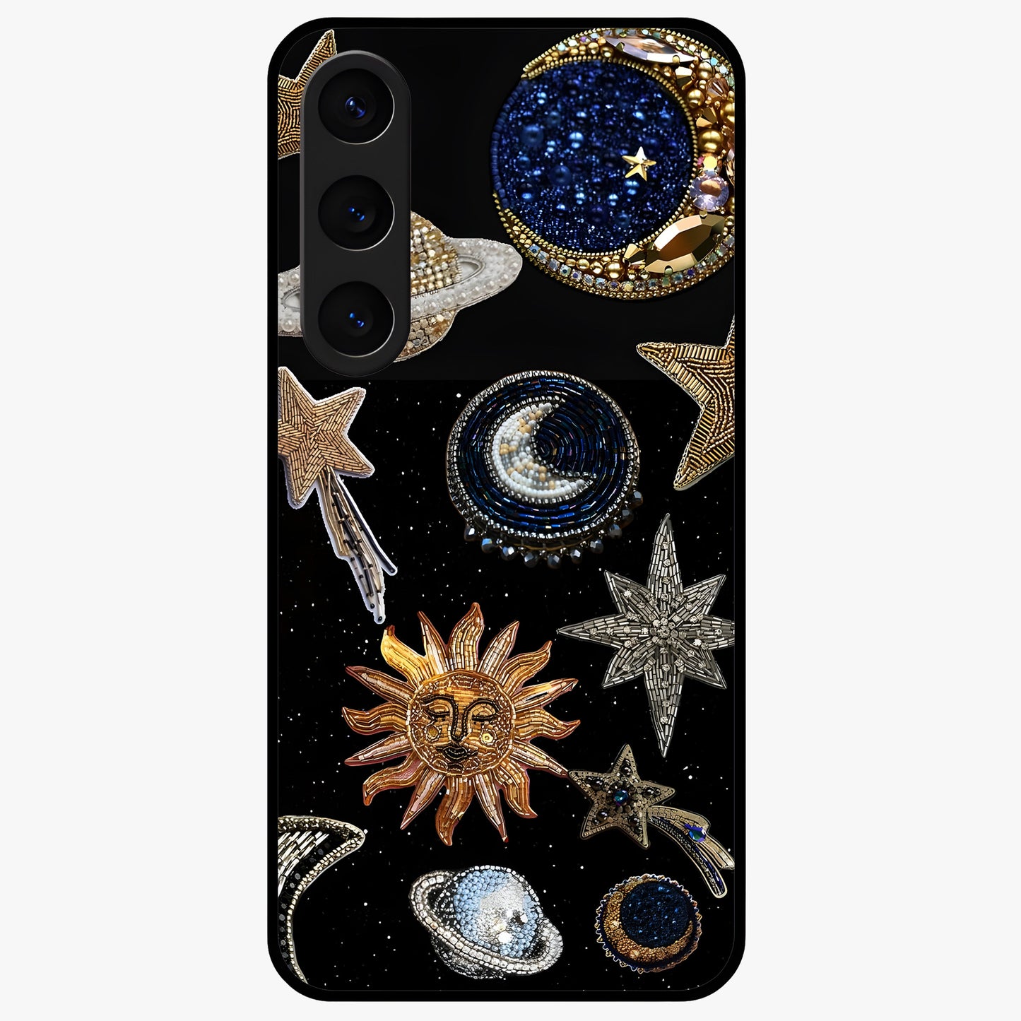 Celestial Gem Constellations Glass Case showing flat back view with sparkling constellation artwork and glossy glass finish.