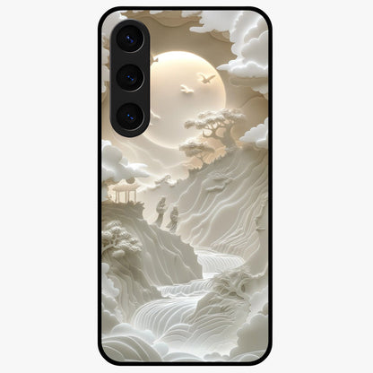 Celestial Origami Glass Case showing flat back view with artistic origami inspired celestial artwork and glossy glass finish.