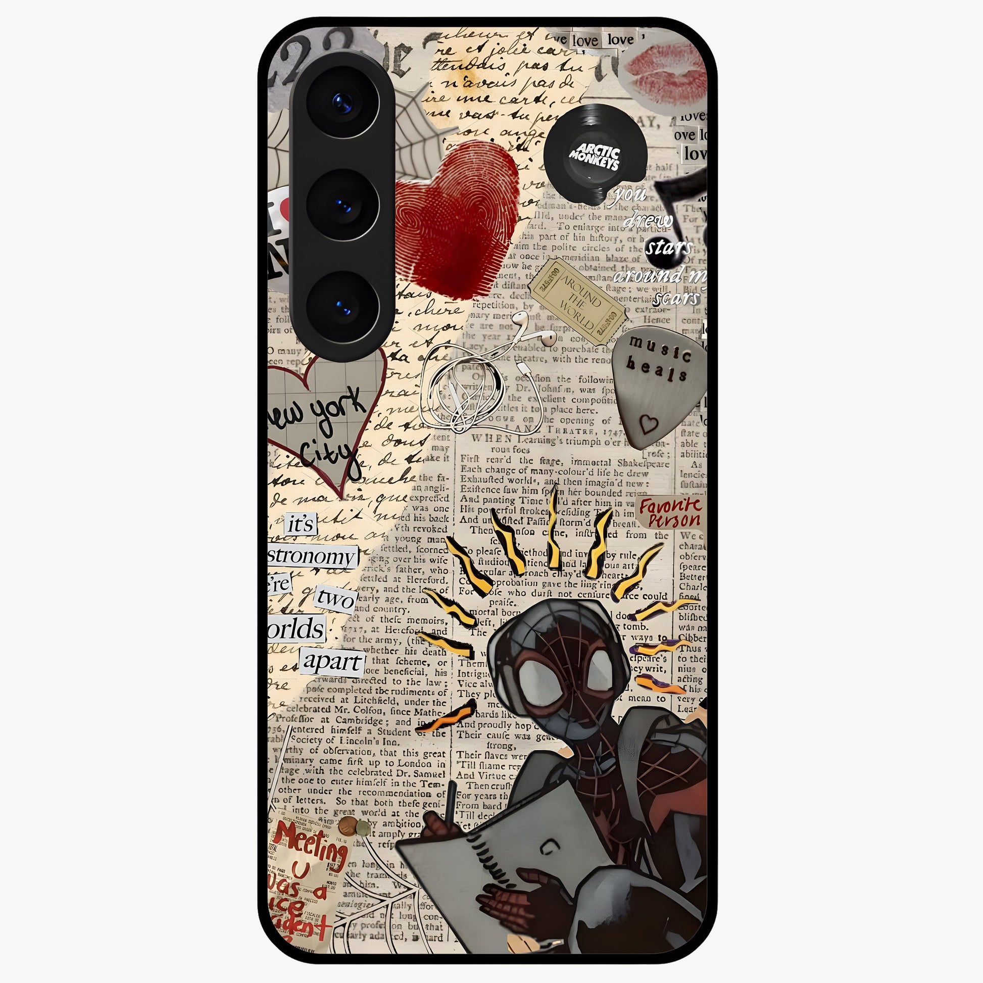 City Dream Sketch Glass Case showing flat back view with artistic city skyline sketch artwork and glossy glass finish.
