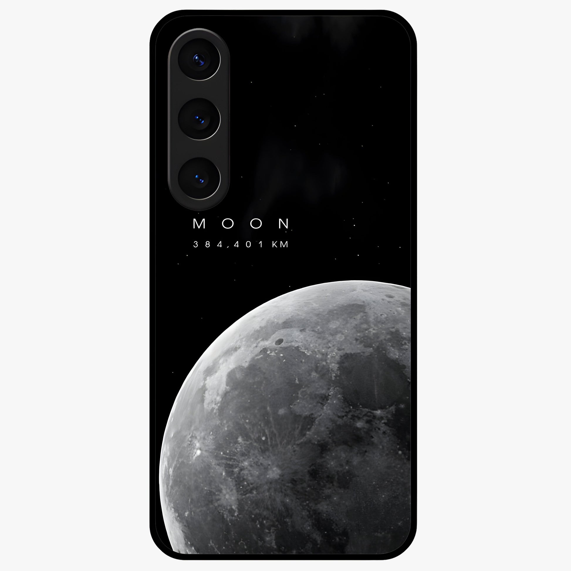 Cosmic Moon Glow Glass Case showing flat back view with glowing moon artwork and glossy glass finish.