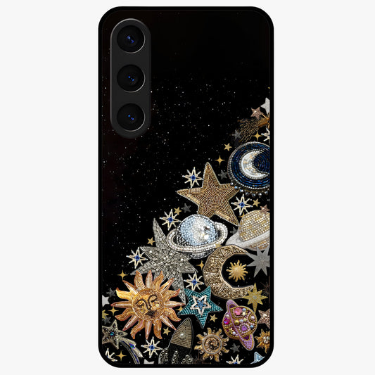 Cosmic Sparkle Dreams Glass Case showing flat back view with sparkling cosmic artwork and glossy glass finish.