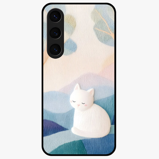 Cotton Dream Cat Glass Case showing flat back view with soft dreamy cat artwork and glossy glass finish.