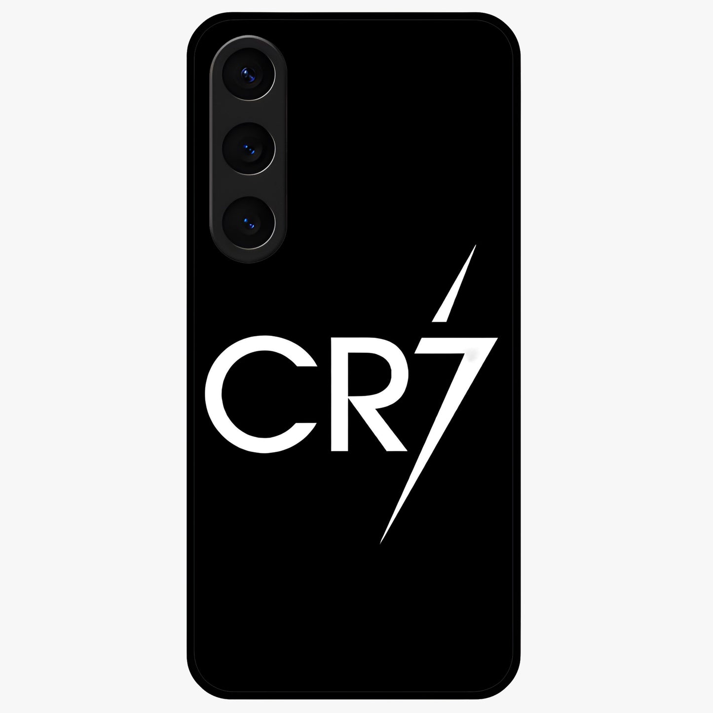 Cr7 Elite Strike Glass Case showing flat back view with dynamic football inspired artwork and glossy glass finish.