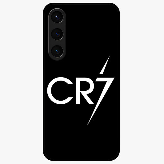 Cr7 Elite Strike Glass Case showing flat back view with dynamic football inspired artwork and glossy glass finish.