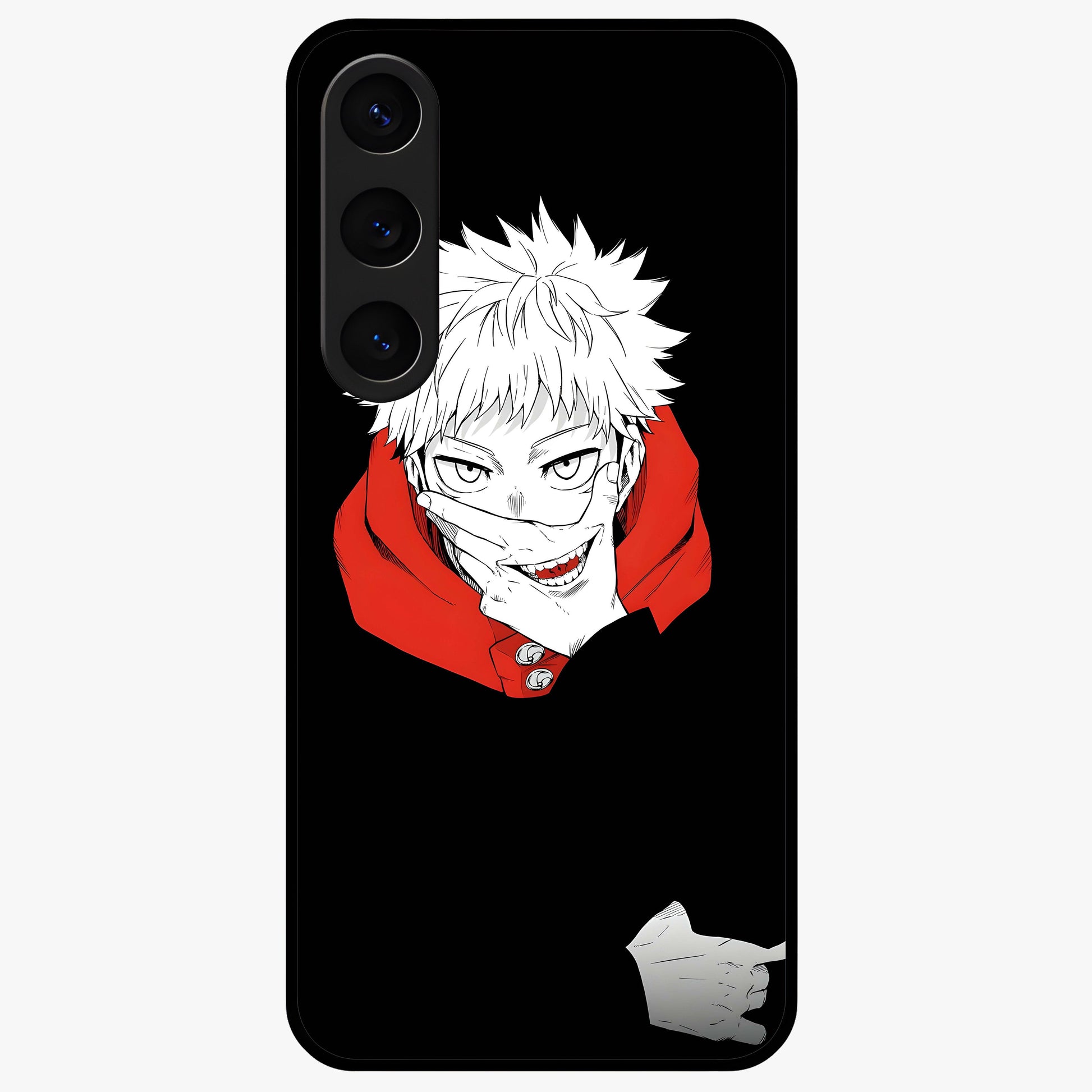 Crimson Chaos Smile Glass Case showing flat back view with bold chaotic smile artwork and glossy glass finish.