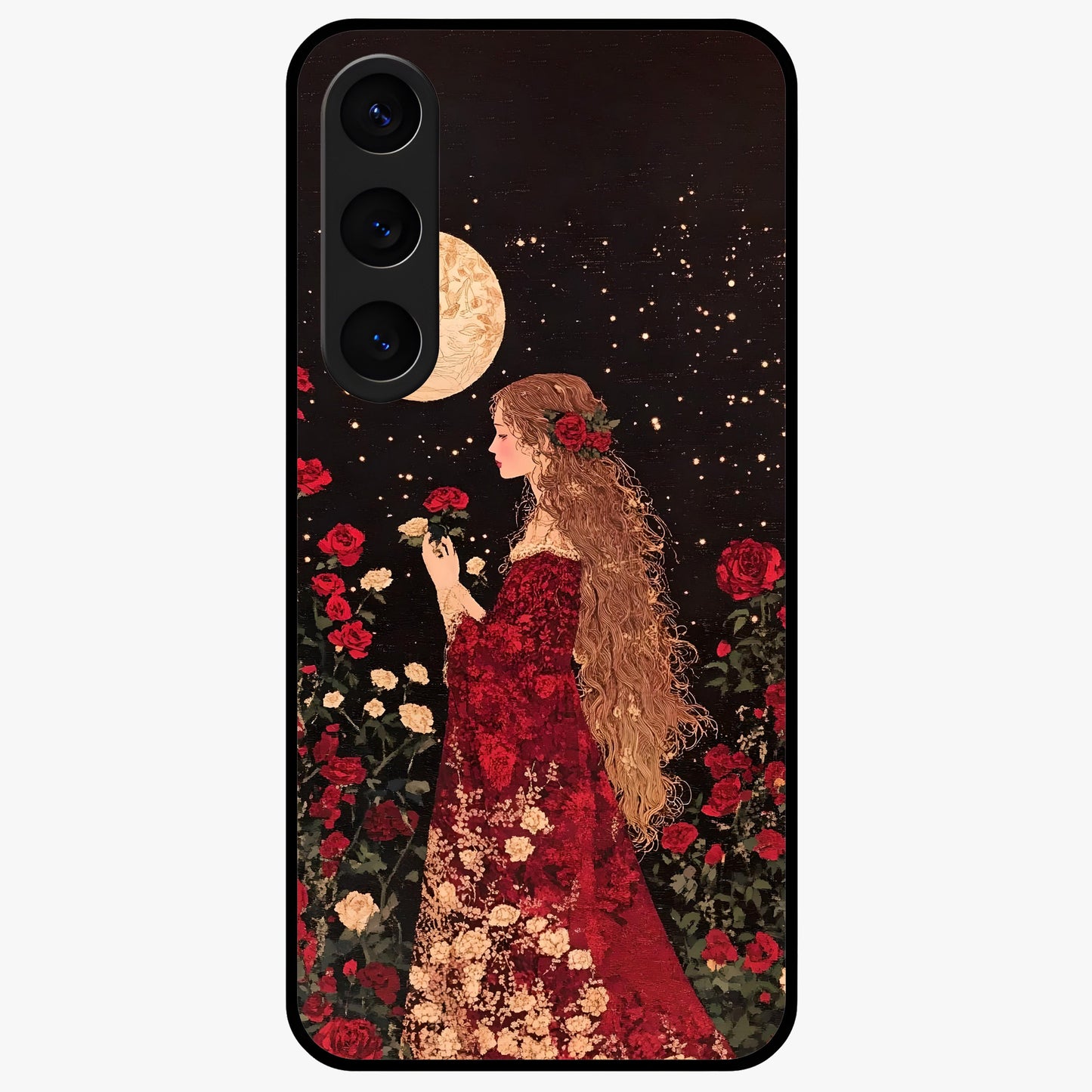 Crimson Dreams Glass Case showing flat back view with dreamy crimson artwork and glossy glass finish.