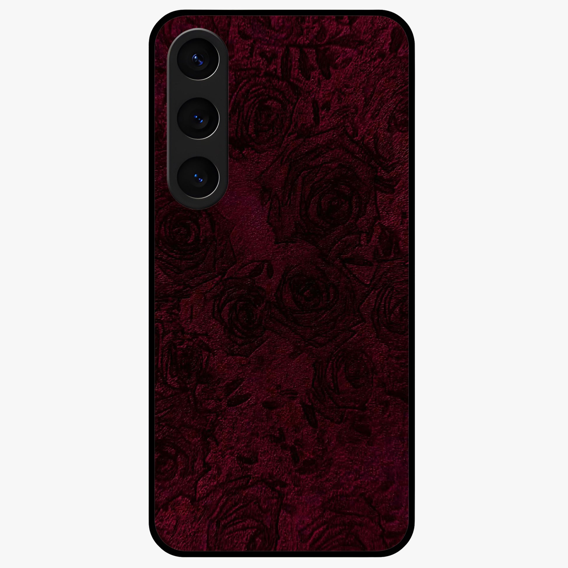 Crimson Fade Flow Glass Case showing flat back view with flowing crimson gradient artwork and glossy glass finish.