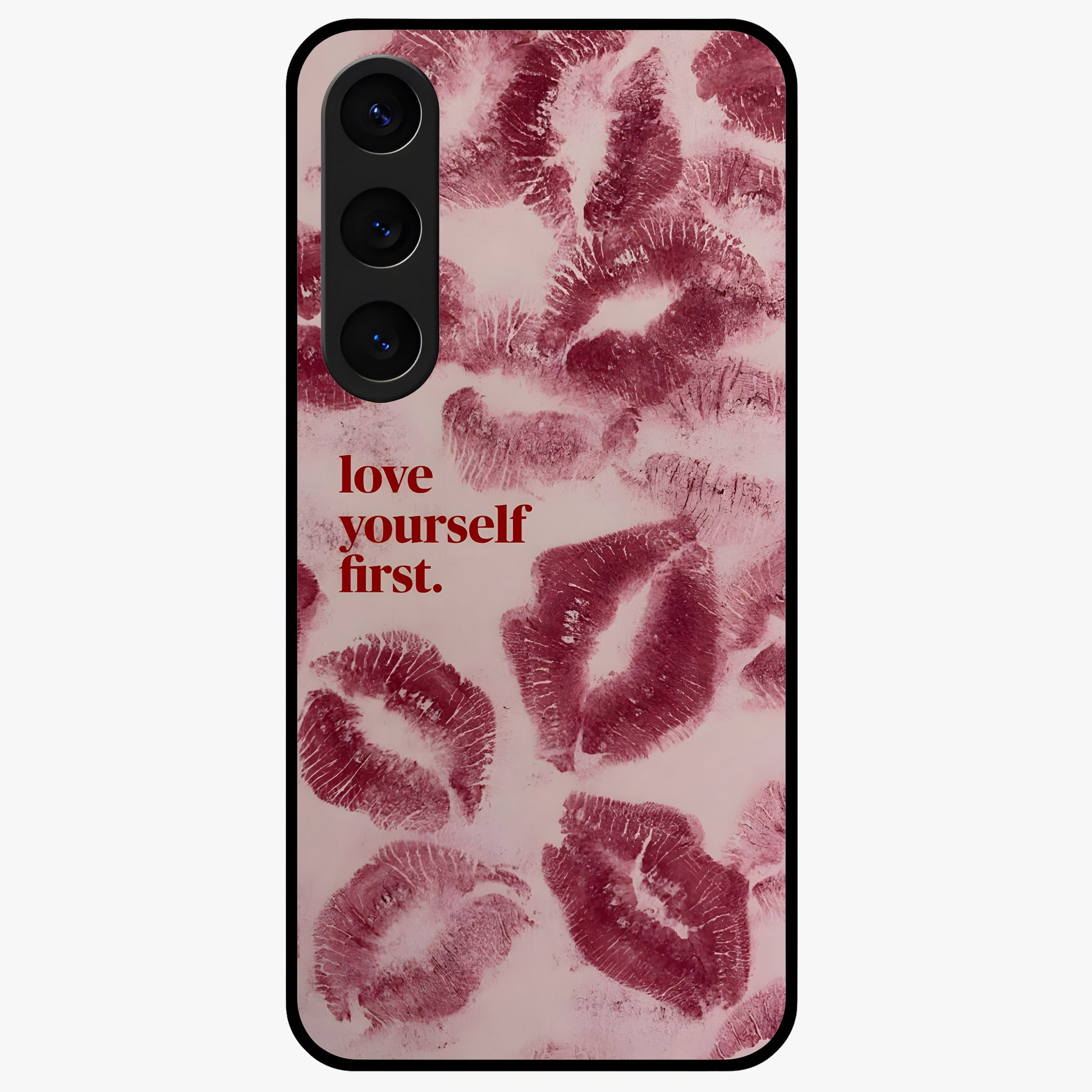 Crimson Kiss Love Glass Case showing flat back view with romantic crimson themed artwork and glossy glass finish.