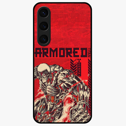 Crimson Mecha Titan Glass Case showing flat back view with powerful mech titan artwork and glossy glass finish.