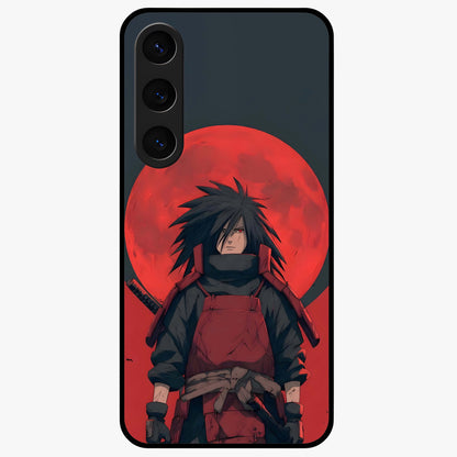 Crimson Moon Warlord Glass Case showing flat back view with mystical moon warrior artwork and glossy glass finish.