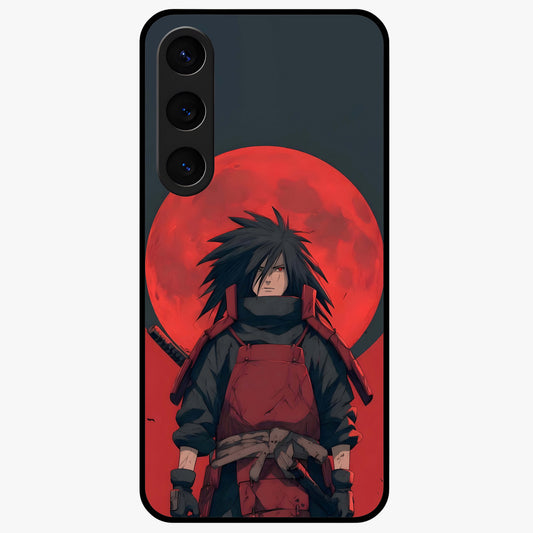 Crimson Moon Warlord Glass Case showing flat back view with mystical moon warrior artwork and glossy glass finish.