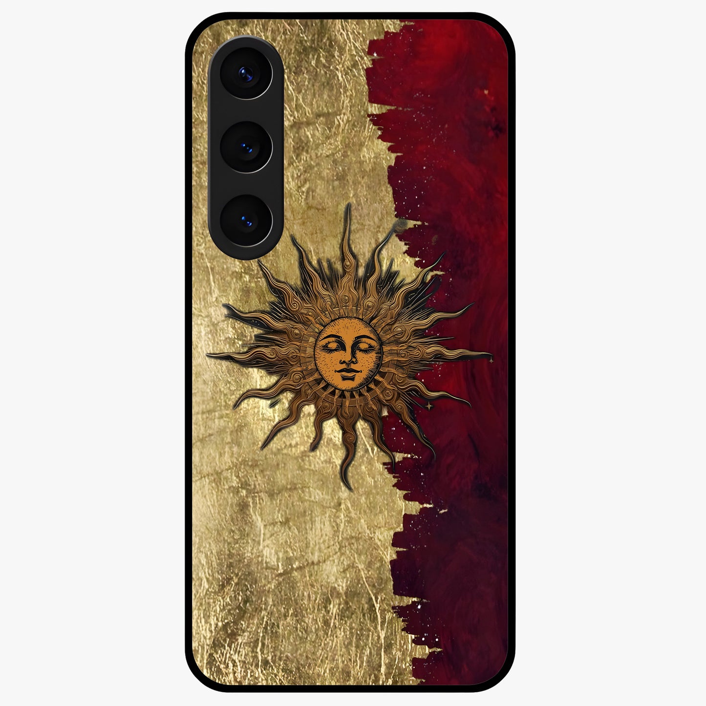 Crimson Sun Majesty Glass Case showing flat back view with radiant sun inspired artwork and glossy glass finish.