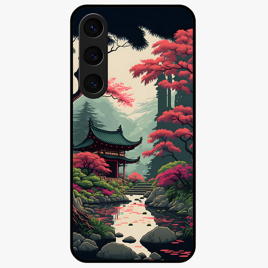 Crimson Temple View Glass Case showing flat back view with temple inspired artwork and glossy glass finish.