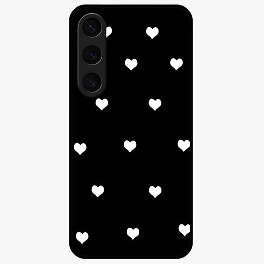 Cute And Simple White Hearts Glass Case showing flat back view with minimal white heart pattern and glossy glass finish.