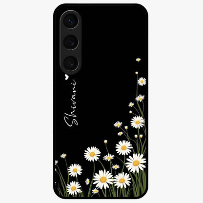 Daisy Cascade Custom Name Glass Case showing flat back view with cascading daisy flowers and personalized name design.