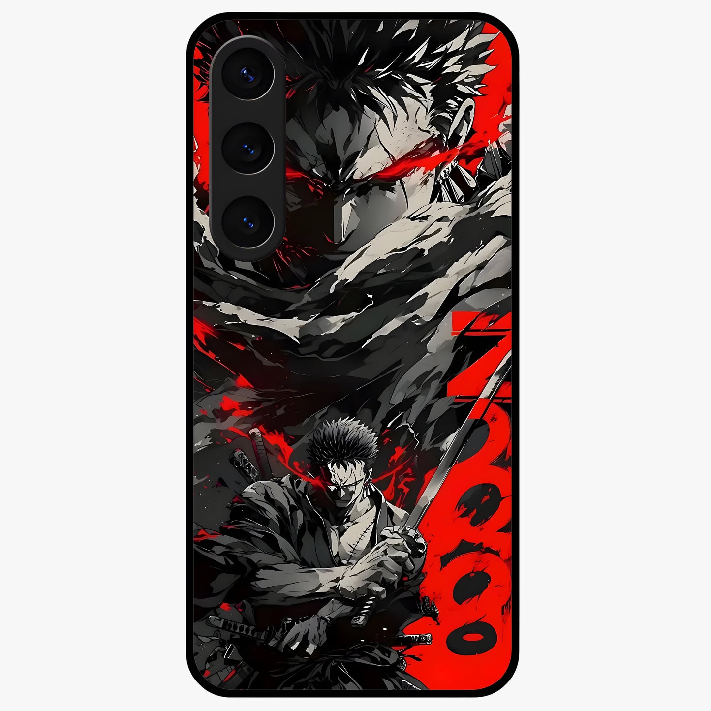 Demon Sword Resolve Glass Case showing flat back view with fierce sword warrior artwork and glossy glass finish.