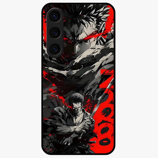 Demon Sword Resolve Glass Case showing flat back view with fierce sword warrior artwork and glossy glass finish.