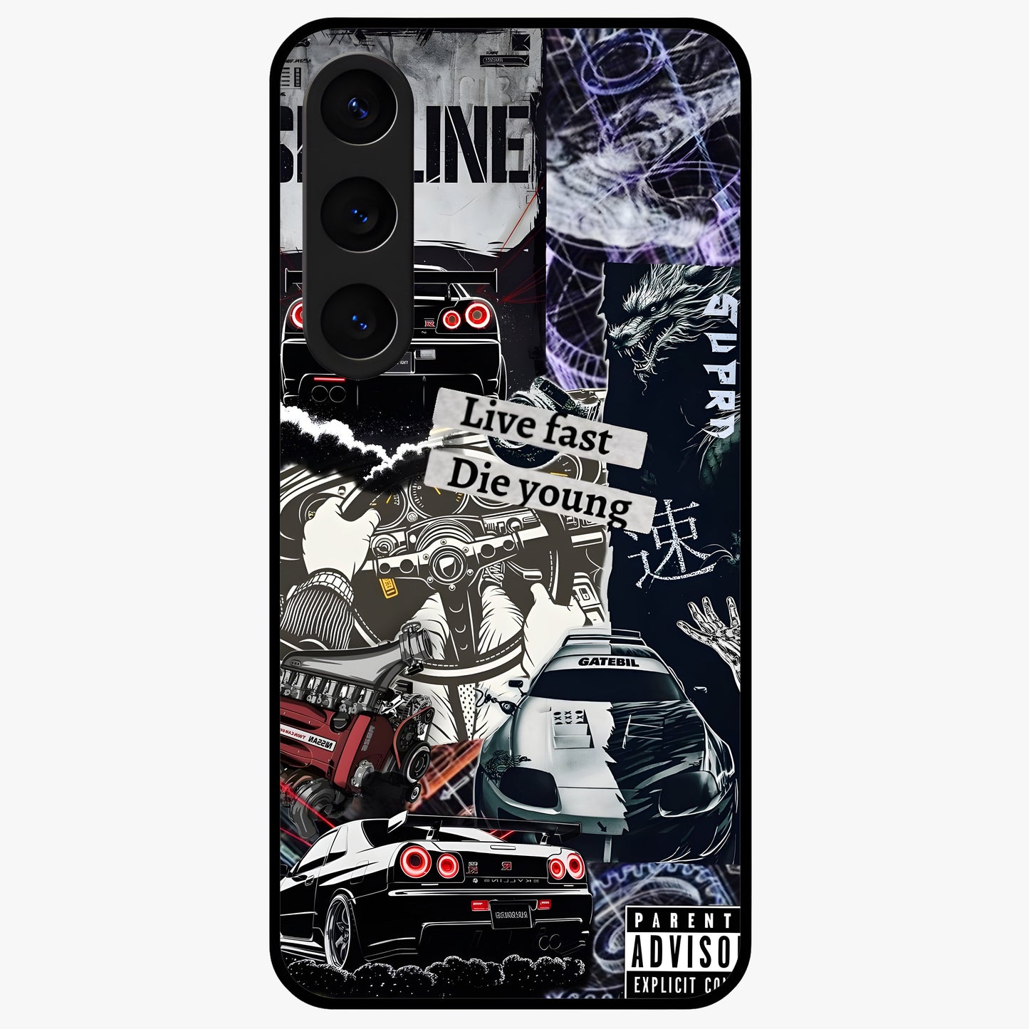 Die Young Glass Case showing flat back view with bold artistic typography design and glossy glass finish.