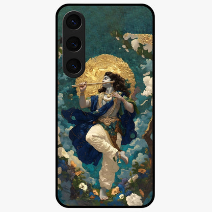 Divine Krishna Art Glass Case showing flat back view with Lord Krishna artwork and glossy glass finish.