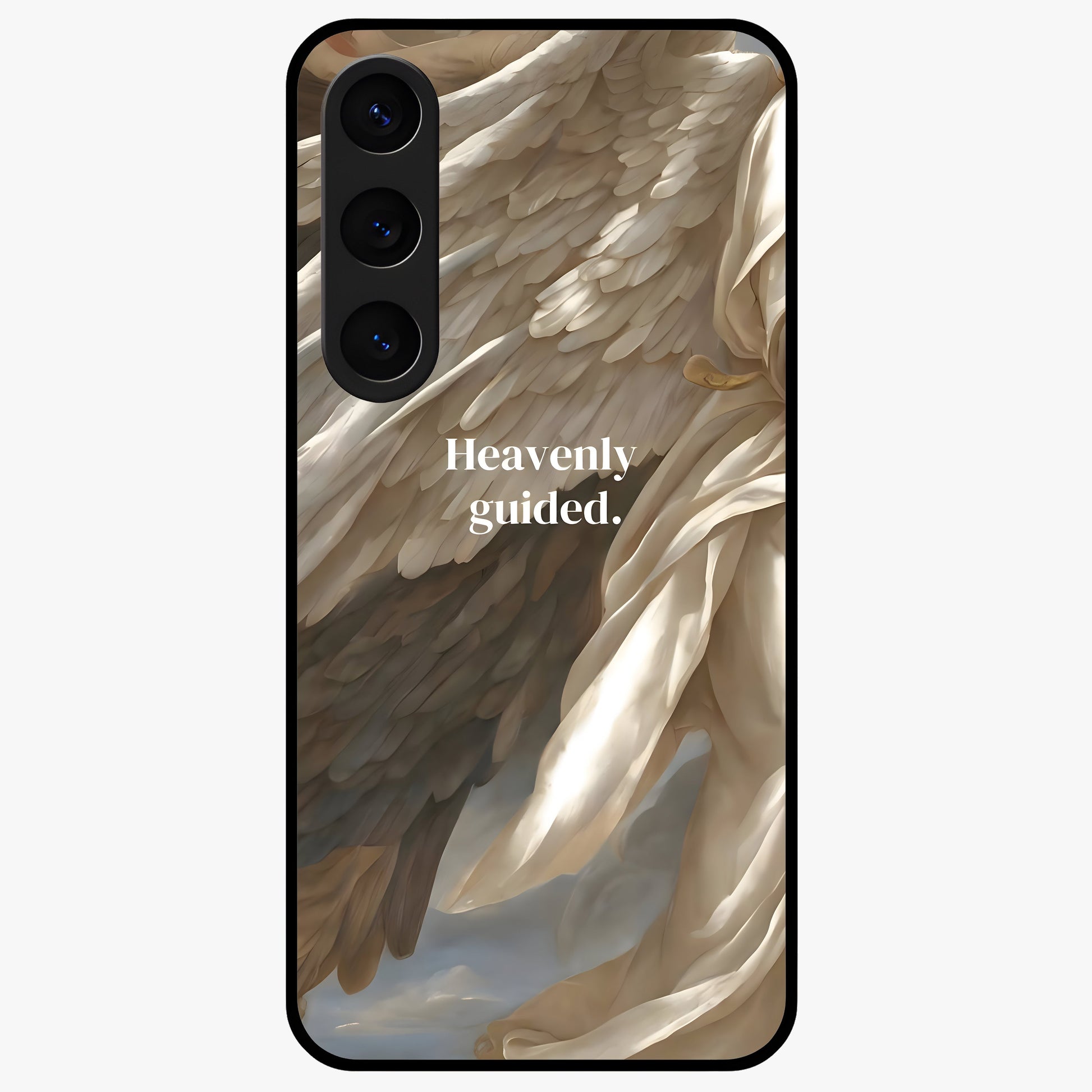 Divine Winged Grace Glass Case showing flat back view with elegant wing inspired artwork and glossy glass finish.