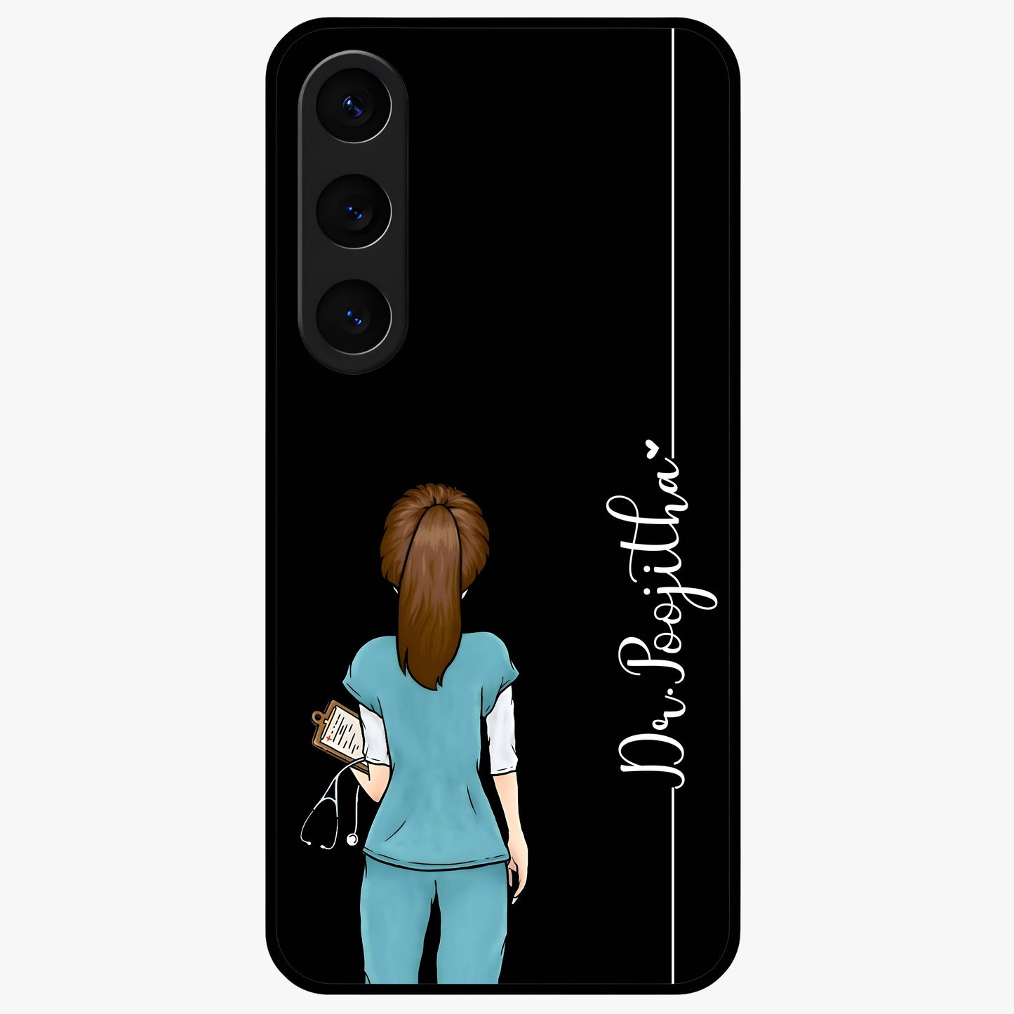 Doctor Pattern Custom Name Glass Case showing flat back view with medical themed pattern and personalized name design.