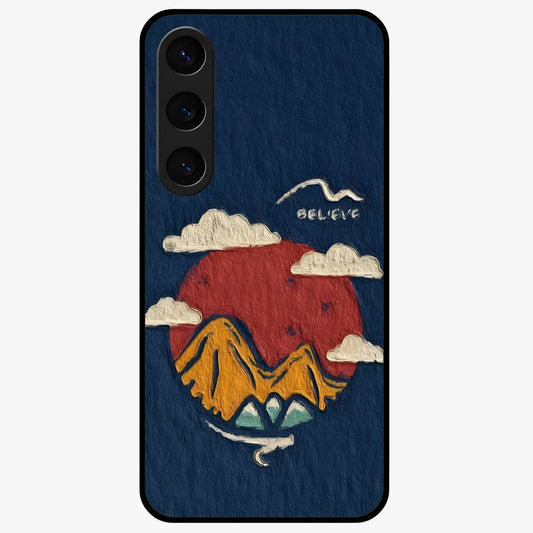 Dream Beyond Mountains Glass Case showing flat back view with scenic mountain landscape artwork and glossy glass finish.
