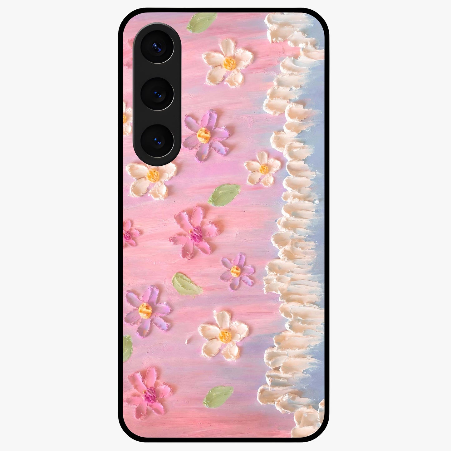 Dreamy Painted Garden Glass Case showing flat back view with artistic painted floral garden artwork and glossy glass finish.