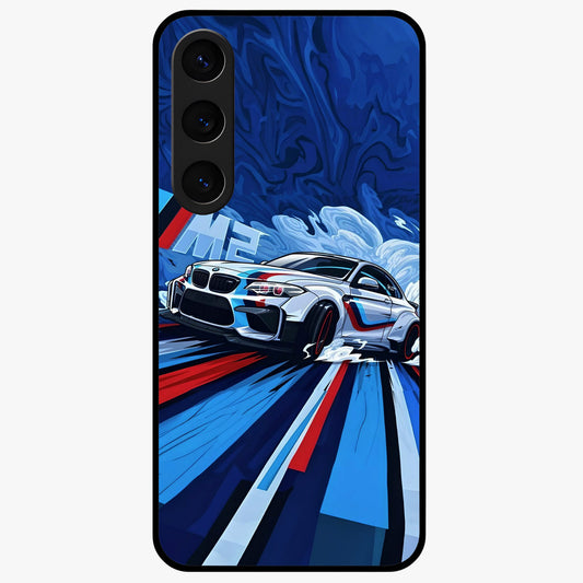 Drift Power Rush Glass Case showing flat back view with dynamic racing inspired artwork and glossy glass finish.