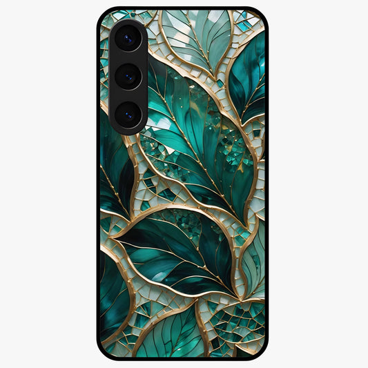 Emerald Leaf Glass Glass Case showing flat back view with emerald green leaf artwork and glossy glass finish.